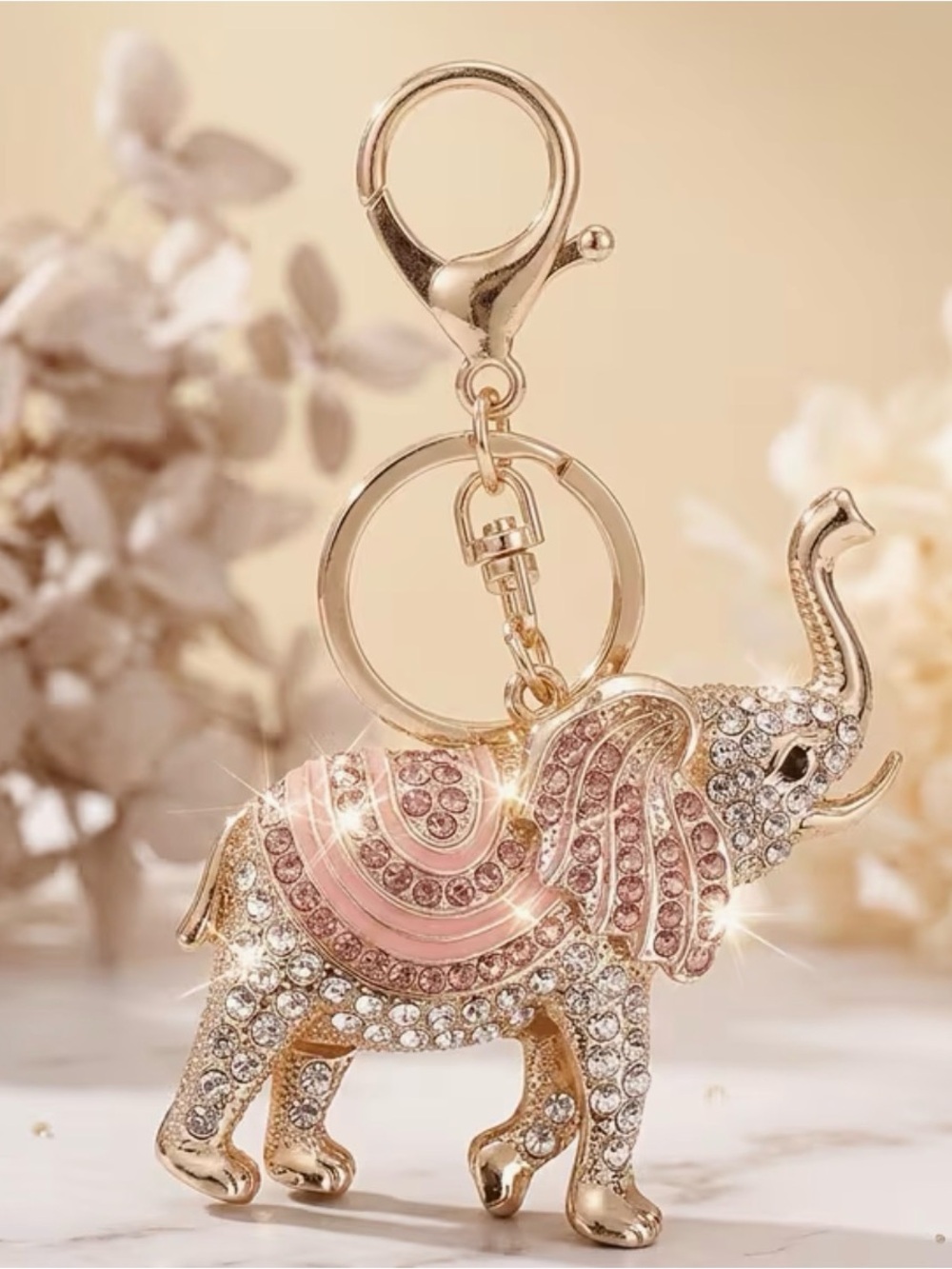 Sparkling Gold & Pink Elephant Keychain or Bag Charm